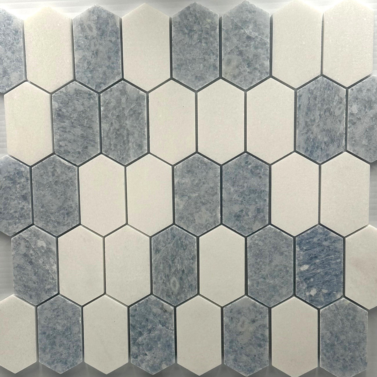 Celeste Blue and White Thasos Elongated Hex