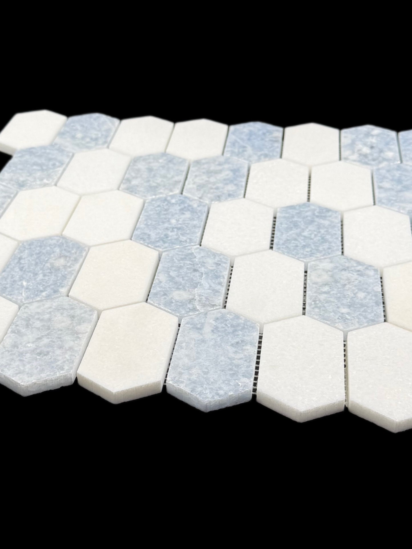 Celeste Blue and White Thasos Elongated Hex