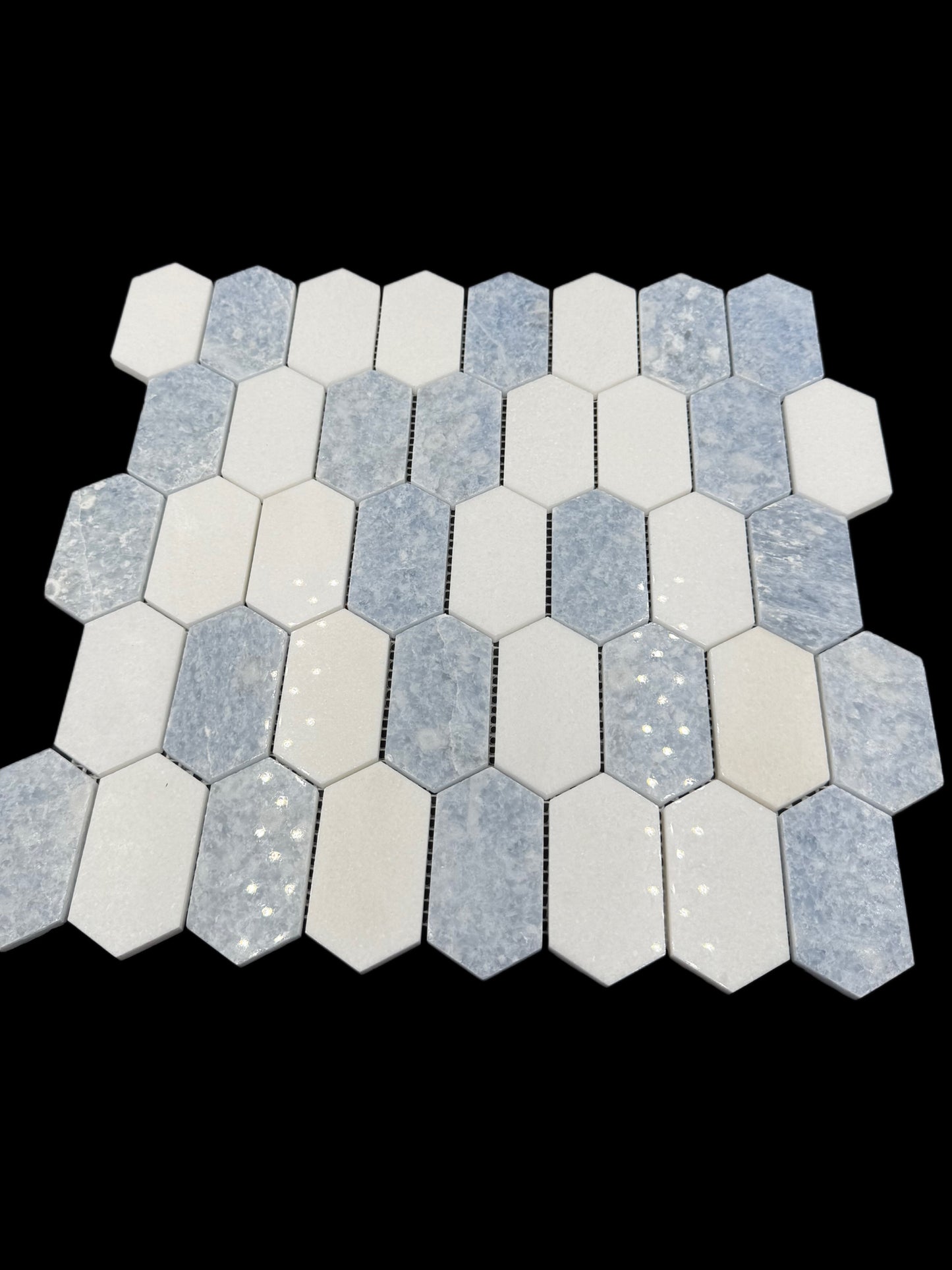 Celeste Blue and White Thasos Elongated Hex